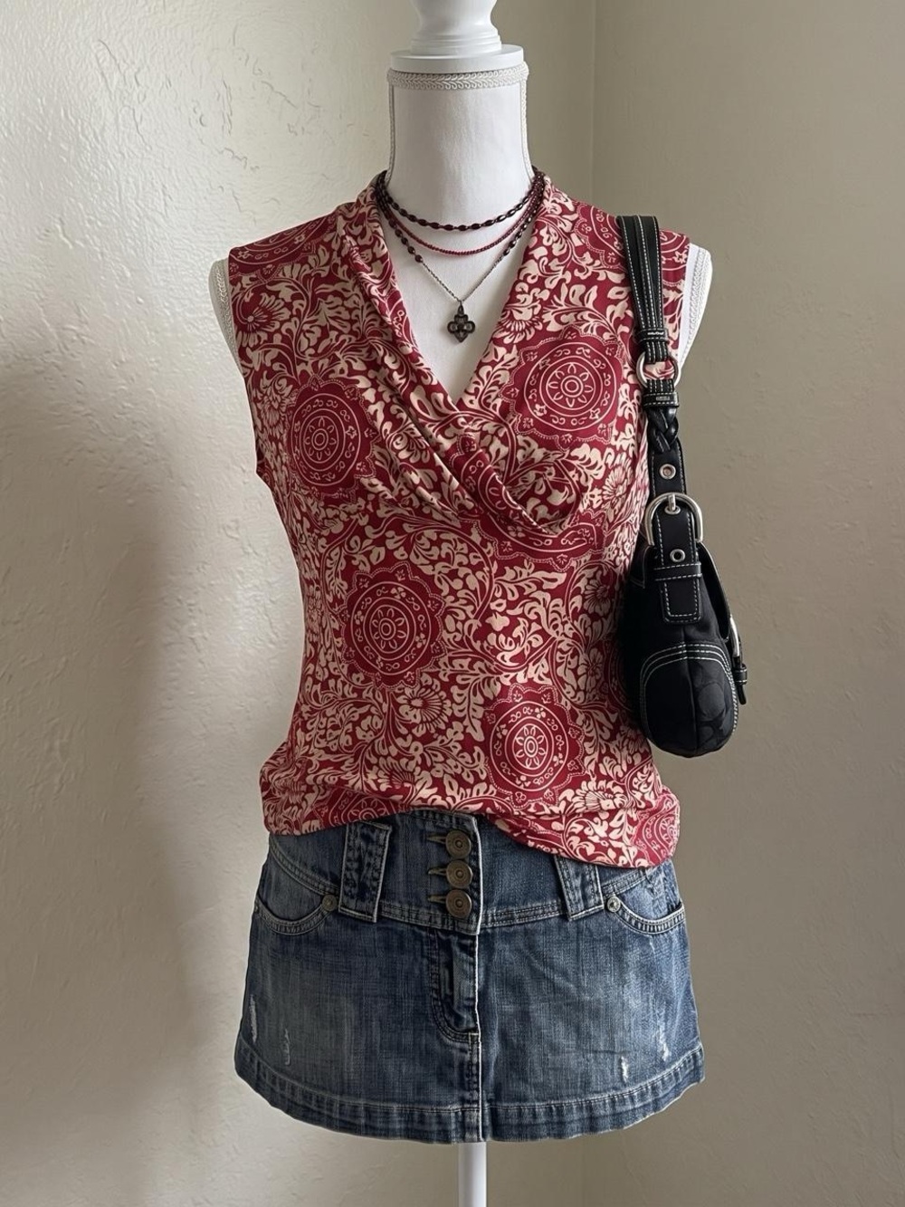 y2k whimsigoth fairy grunge red geometric v neck sleeveless blouse size xl